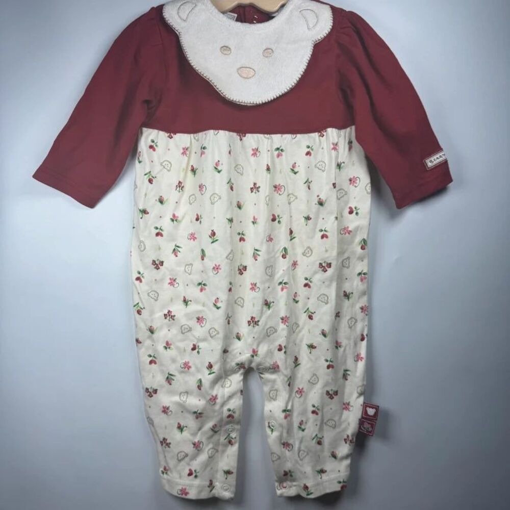 VTG McBaby Baby Girls 6-9 Months Jumpsuit Red White Floral Bear Romper
